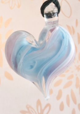 wispy pink, white and blue swirly glass heart pendant